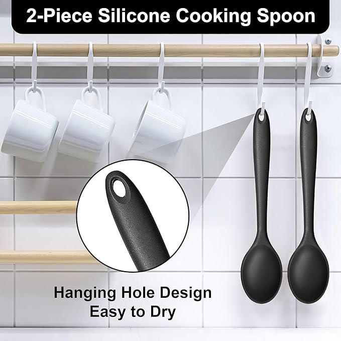 E-far Silicone Cooking Spoon Set of 2, Heat Resistant Kitchen Spoons Utensils - Image 5