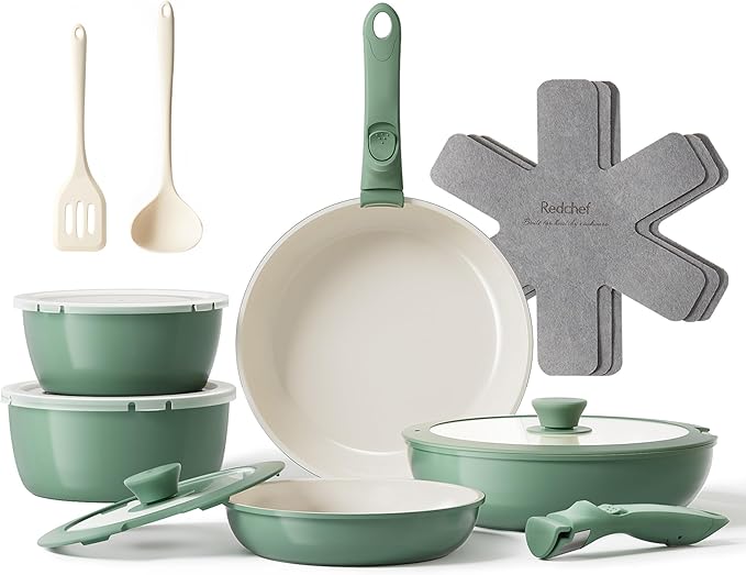 Redchef 16pcs Ceramic Pots and Pans Set Non Stick, Nonstick Ceramic Cookware Set
