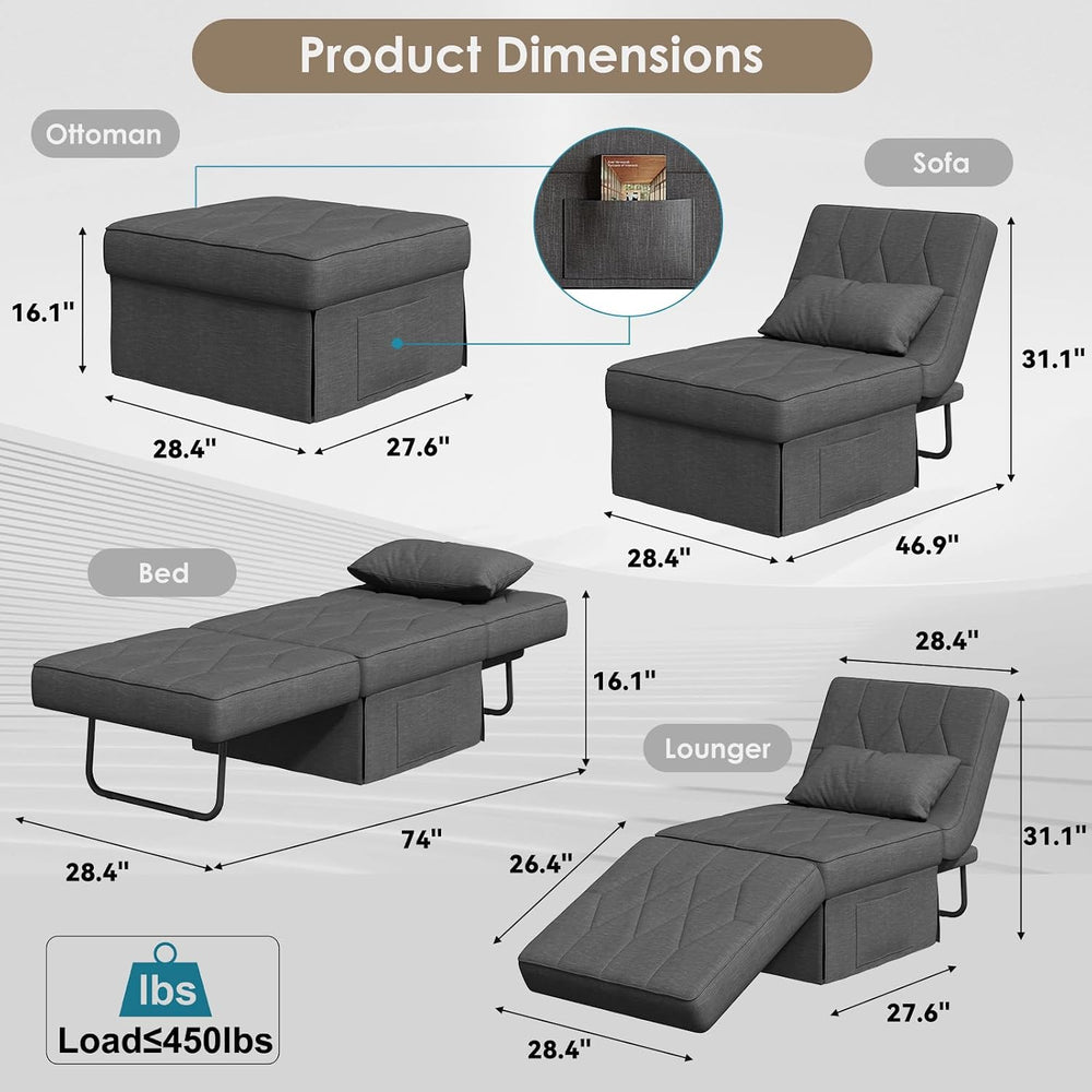 Ottoman Bed Sleeper, 28" Convertible Sleeper Chair Bed, Dark Grey