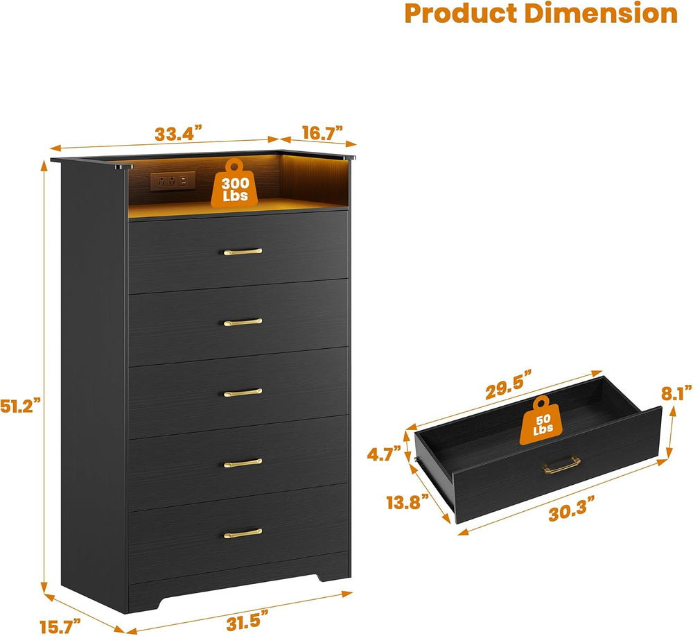 Garvee 5 Drawer Dresser with LED Light and Charging Station, Black