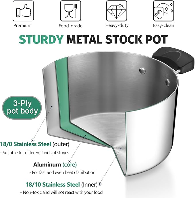 P&P CHEF 6 Qt Stockpot with Lid, Stainless Steel Cooking Stock Pot - Image 4