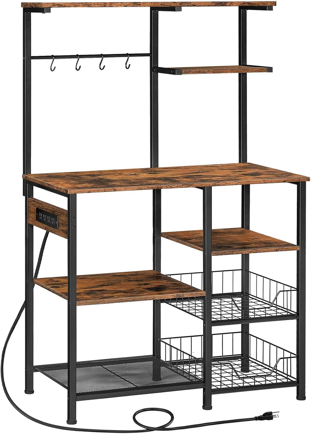 HOOBRO Large Bakers Rack with Power Outlets, 6-Tier Microwave Stand with 4 Ho...