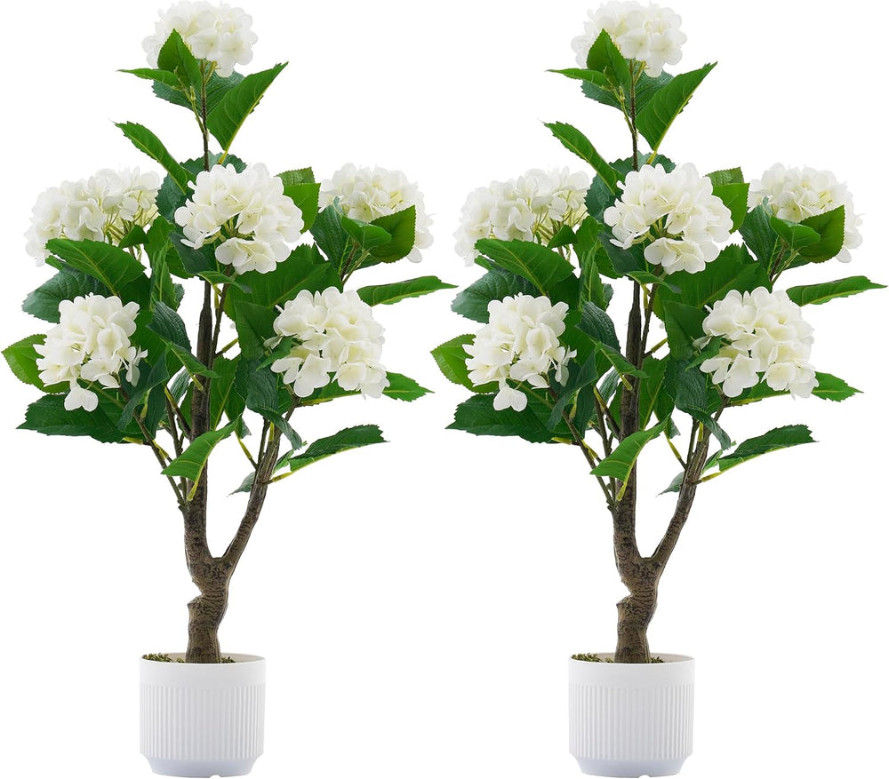 Artificial Hydrangea Tree 2 Pack, 3FT Faux Hydrangea Plant in Pot with White ...