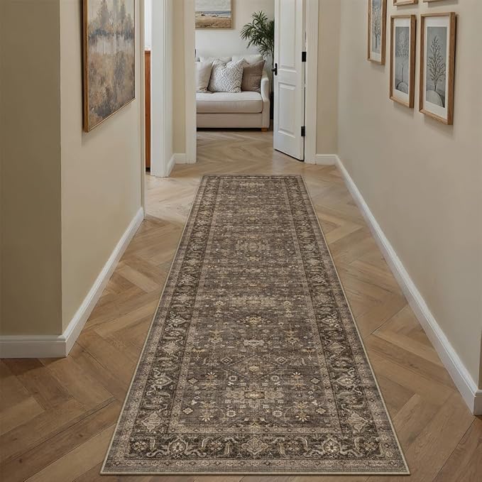 2'6x10 Washable Runner Rug for Hallway Kitchen Vintage Brown Non Slip Low Pile - Image 5