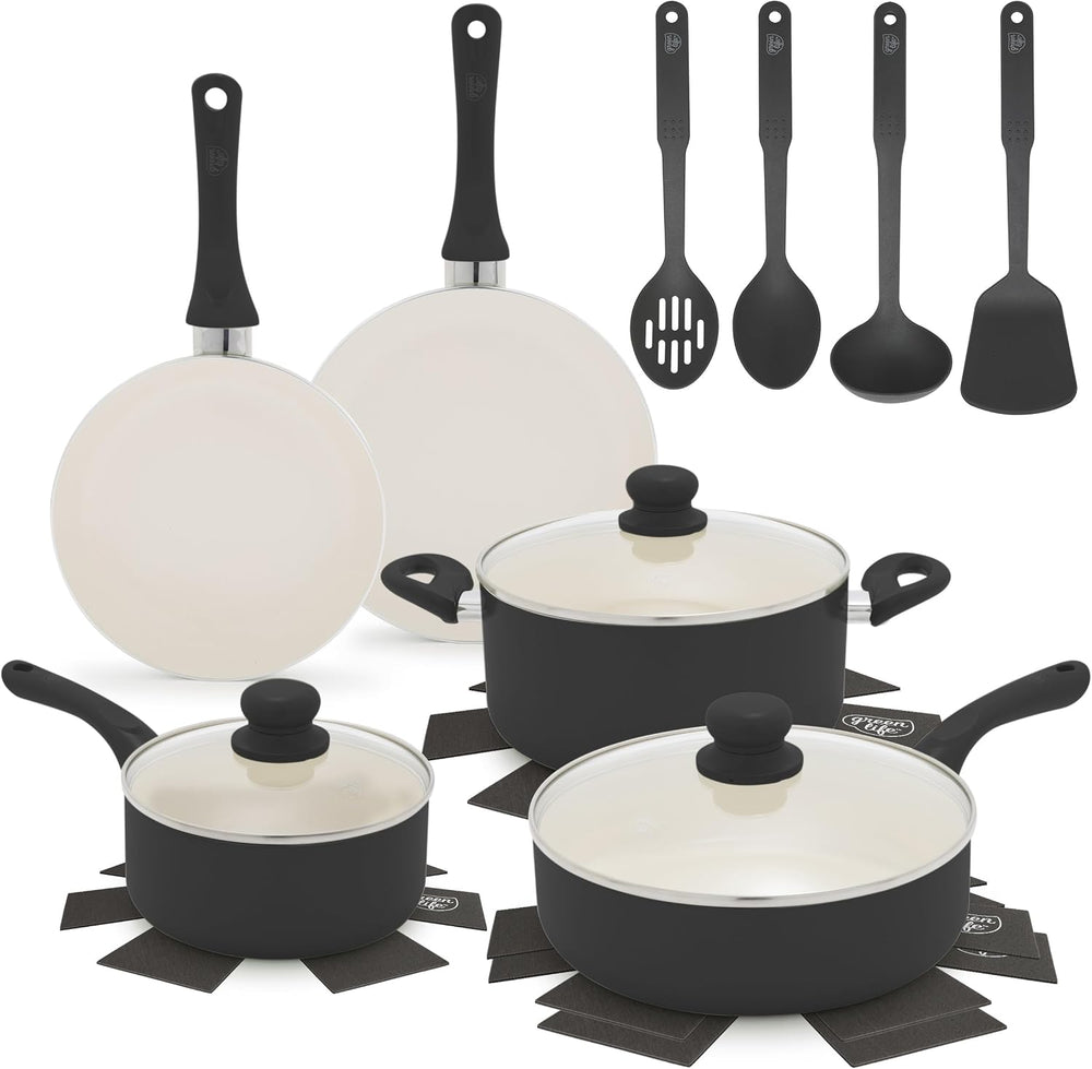 GreenLife 16-Piece Nonstick Cookware Set, Non-Toxic Ceramic Pots and Pans Set