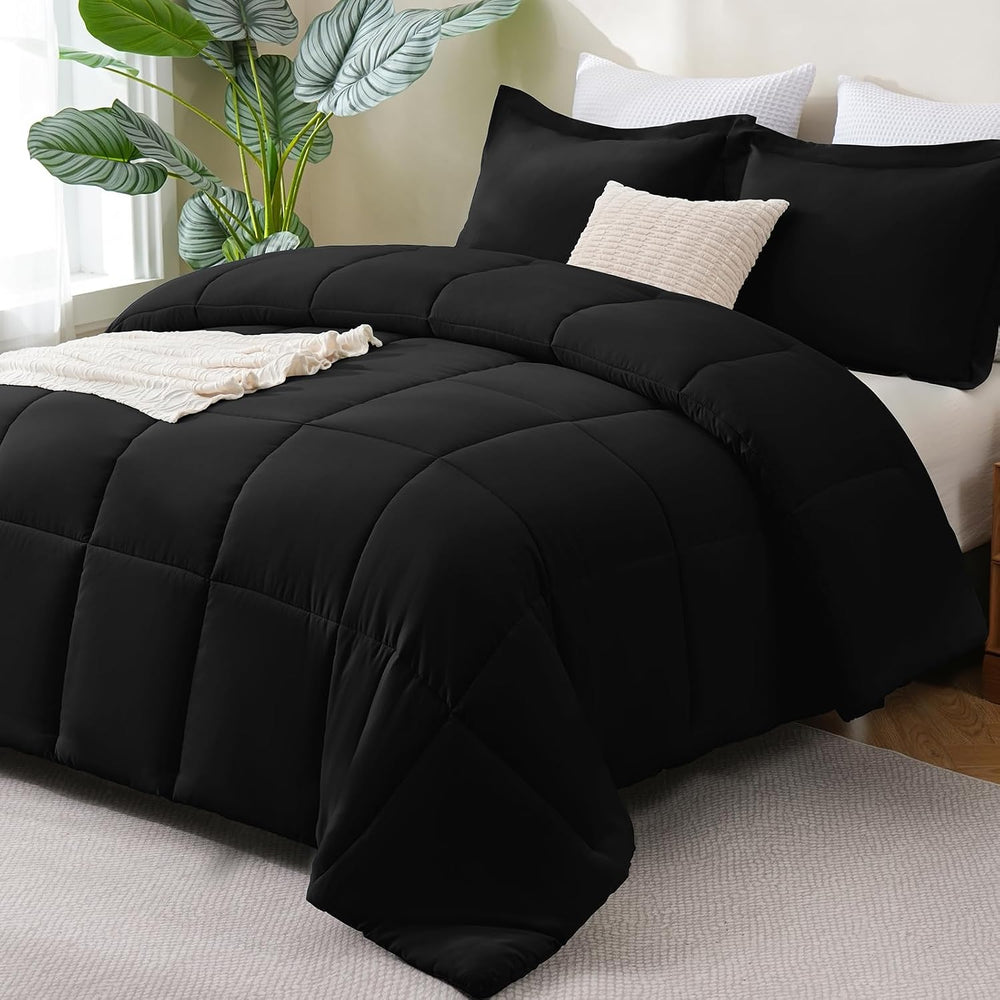 CozyLux King Size Comforter Set, 3-Piece Box-Stitched, Black