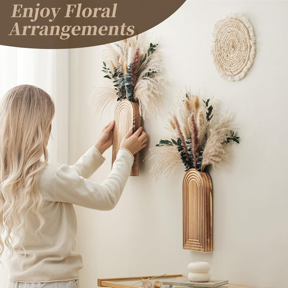 2 Pack Wooden Wall Vase Set with Pampas Grass Eucalyptus, Modern Farmhouse Bo...