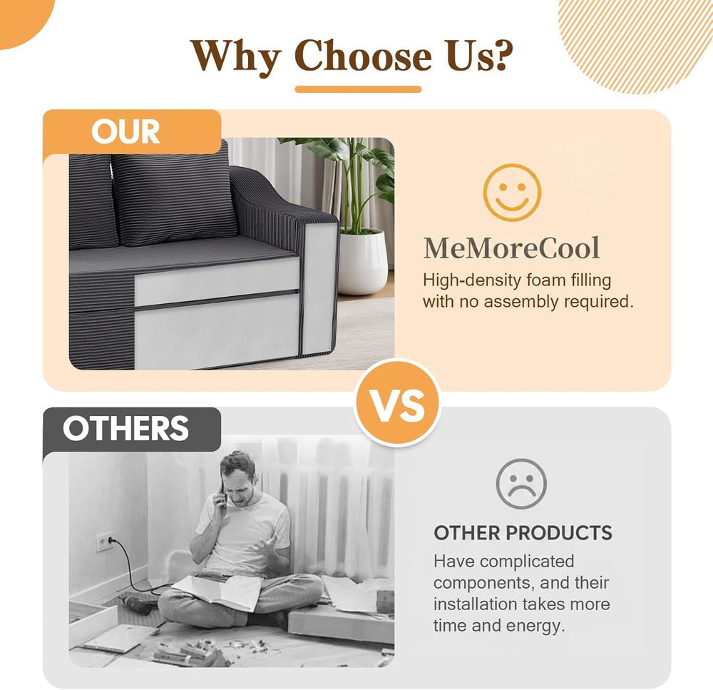 MeMoreCool 58" Boneless Loveseat Sofa Bed, Corduroy Pull Out, Warm Grey