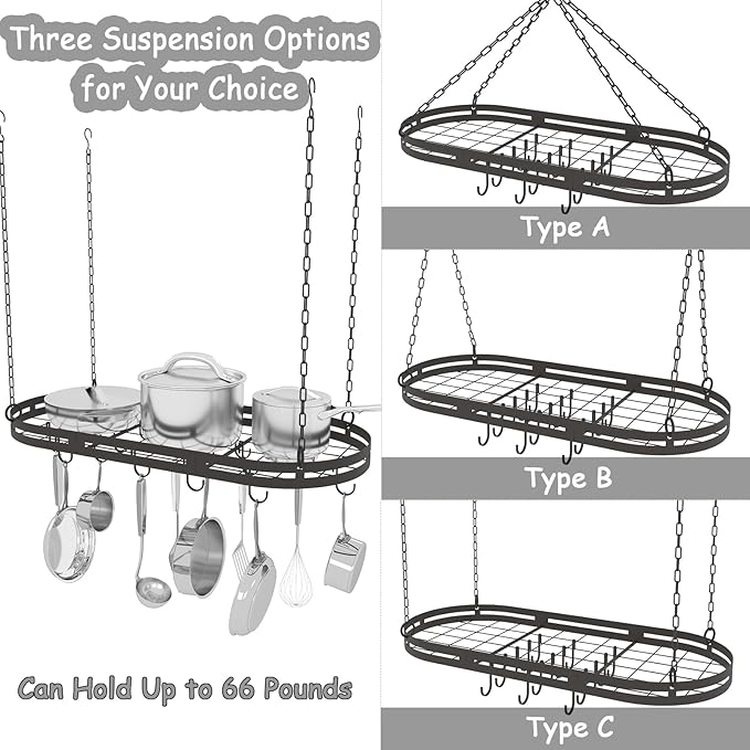 33” Hanging Pot Rack Ceiling Mount, Oval Pots and Pans Hanging Rack, Ceiling