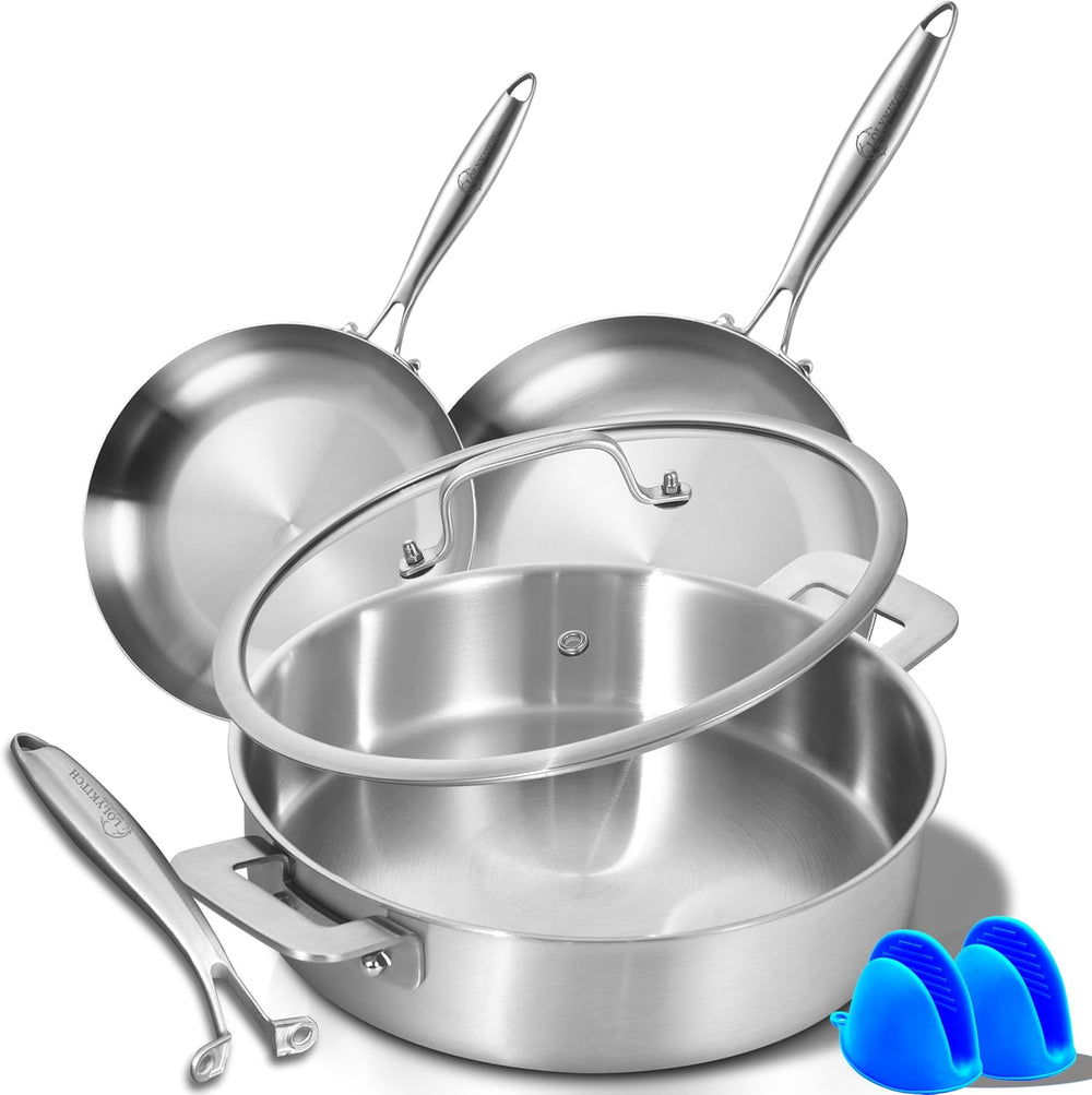 LOLYKITCH 8.5-10 Inch Tri-Ply Stainless Steel Frying Pans and 12 Inch Sauté Pan
