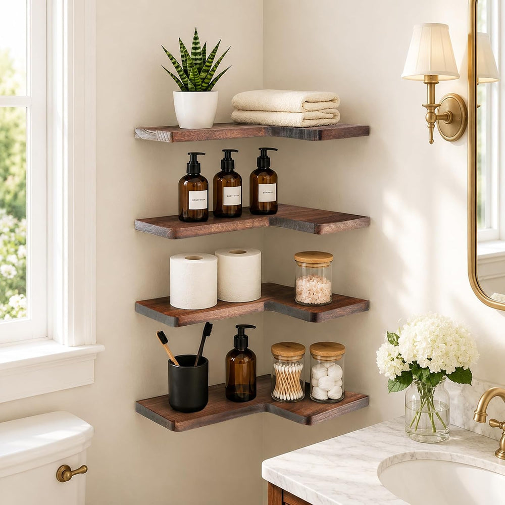 Solid Wood Corner Floating Shelves, L-Shaped, Brown, Set of 4