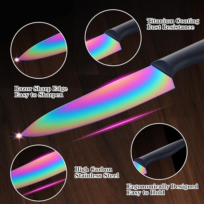 Marco Almond Kitchen Knife Set, KYA36 12-Piece Rainbow Color Stainless Steel - Image 3