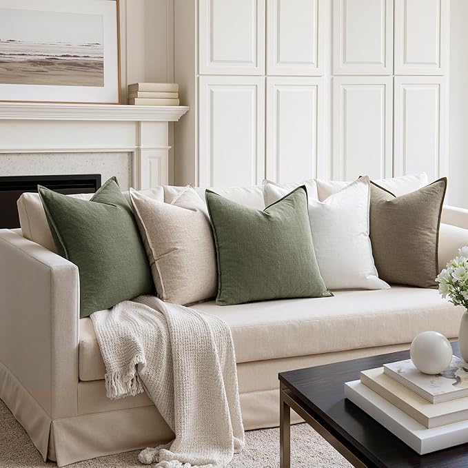MIULEE Decorative Linen Pillow Covers 20x20 Inch Olive Green ​Boho Farmhouse - Image 4
