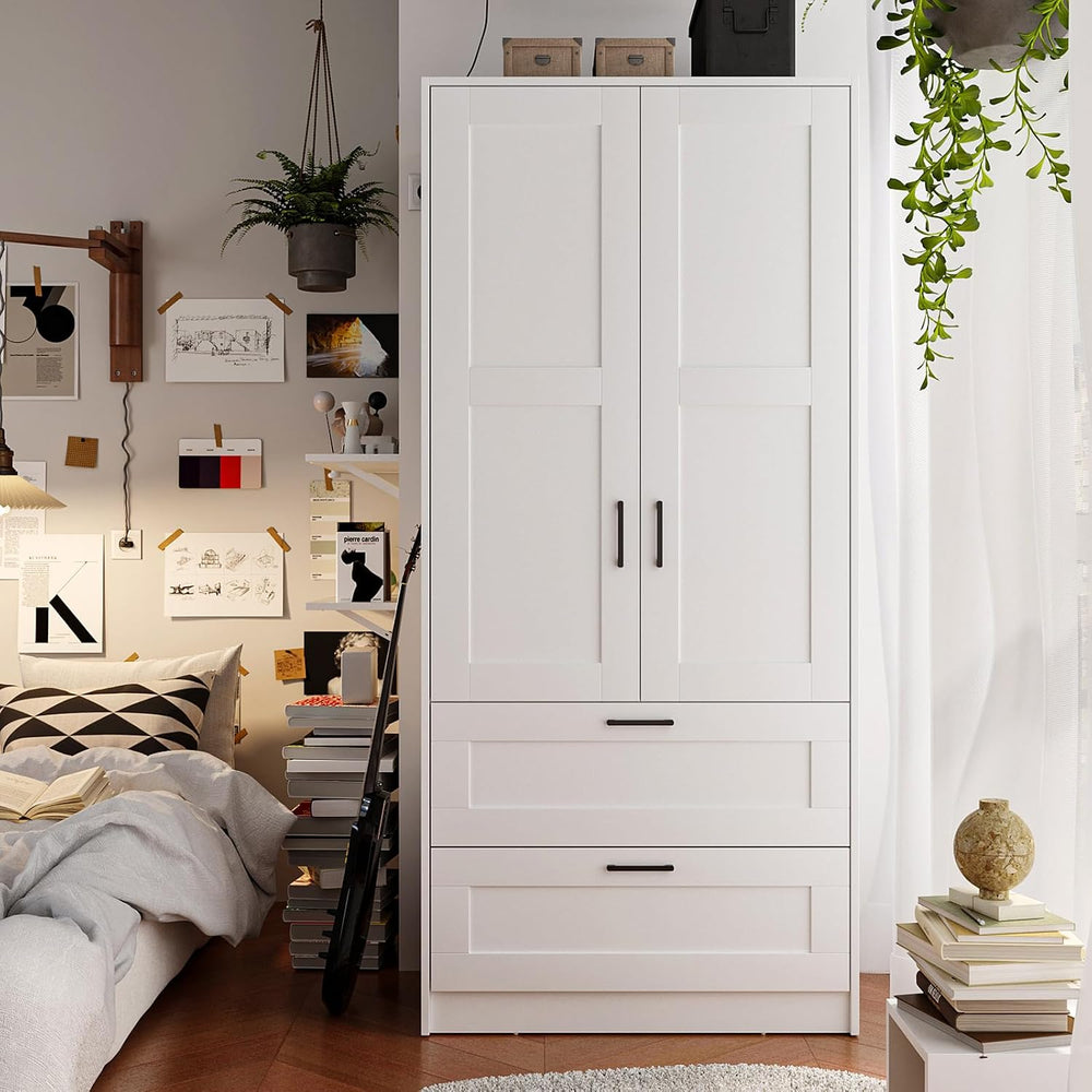 Fenghua Lizhi Wood White Wardrobe Closet with 2 Doors and 2 Drawers，Bedroom F...