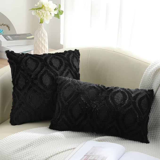 decorUhome Throw Pillow Covers 12x20 Inch Set of 2, Soft Plush Faux Wool Black - Image 6