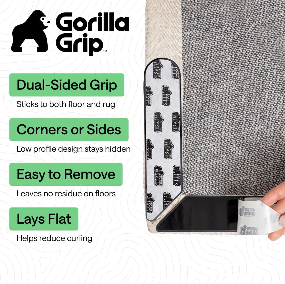 GORILLA GRIP® Rug Grippers, Extra Long Reusable Double-Sided Adhesives Pads Keep Area Rugs Corners Flat, Grips Hardwood, Tile and Laminate Floors, Renter Friendly, Holds Down Carpet in Place, 8 Pcs