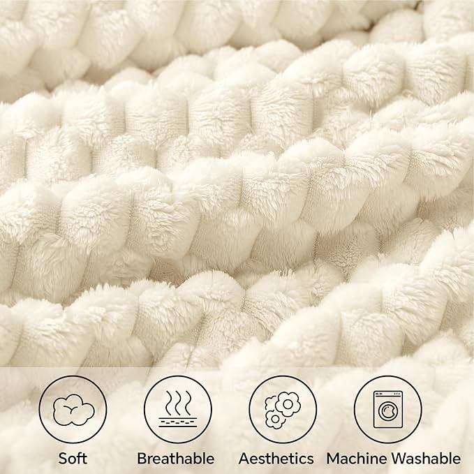 BEDELITE Fleece Blanket Twin for Bed Couch, 3D Jacquard Decorative Cream Throw - Image 3