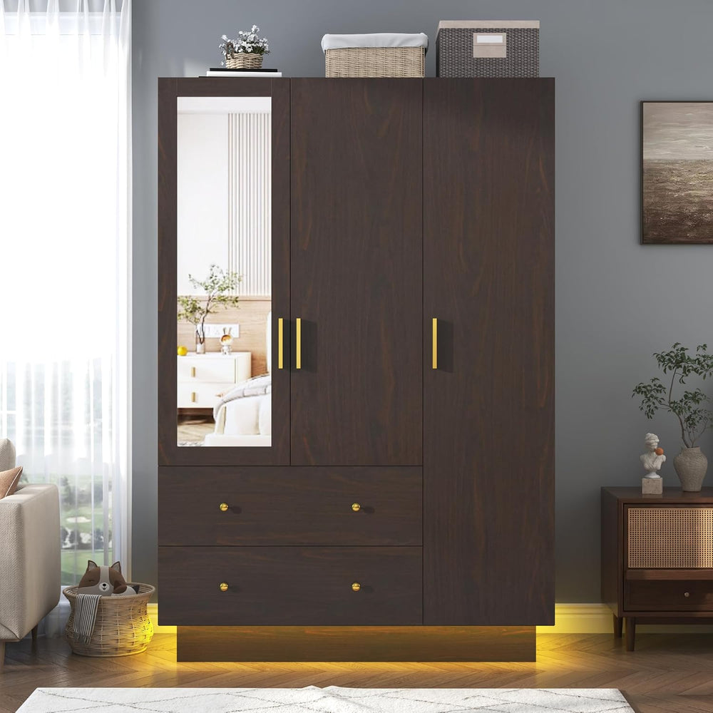 chartustriable 3 Doors Armoire Wardrobe Closet with Mirror, LED Armoire with ...