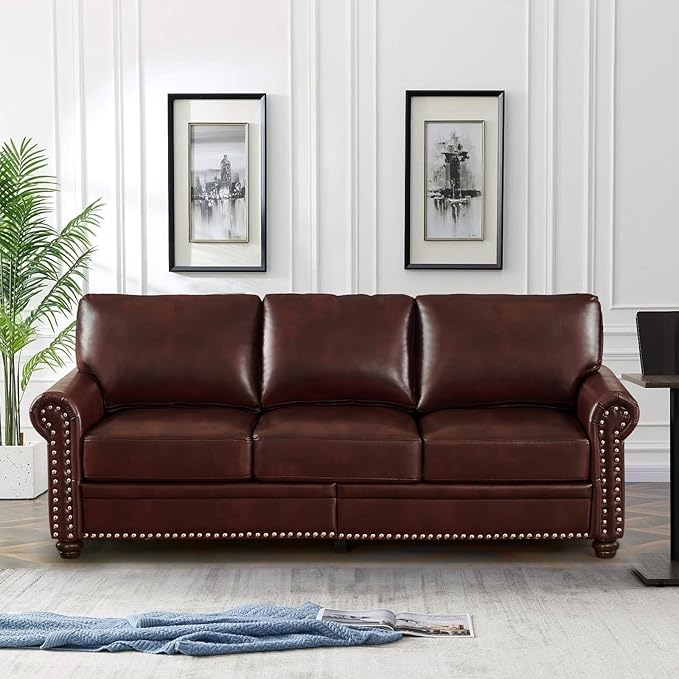 2 Piece Faux Leather Sofa Set,Modern Couch and Loveseat Sets with Storage,Mid Century Couch with Rivet Rolled Arm,Comfy Deep Seat Sofa,Furniture for Living Room,Office(Loveseat+3 Seater,Burgundy)