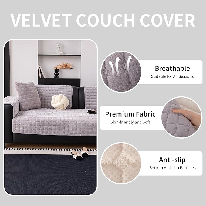 Velvet Couch Cover, Washable Sectional Sofa Cover, Anti Slip Sofa Slipcover - Image 3