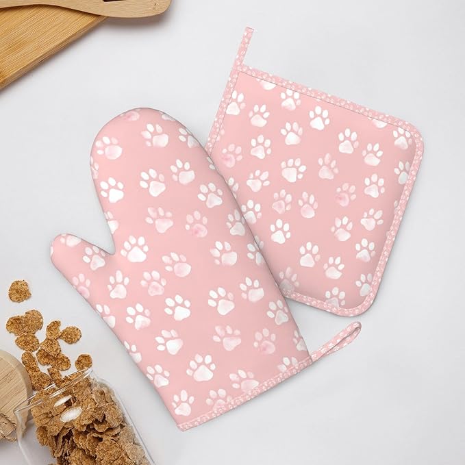 Oven Mitts and Pot Holders Pastel Pink Dog Paw Pattern Silicone Kitchen - Image 6