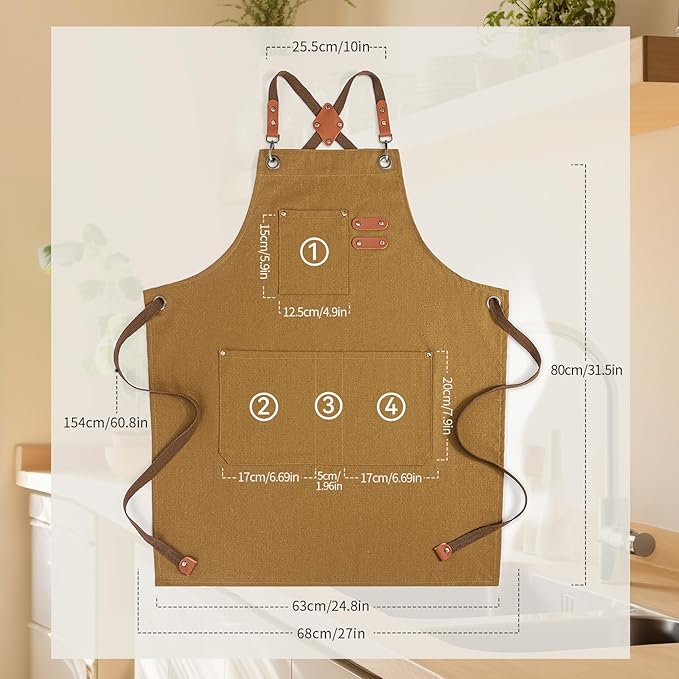 Chef Aprons for Men Women with Large Pockets, Cotton Canvas Water Repellent - Image 2