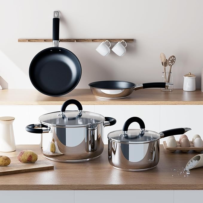 Pots and Pans Set Non Stick, 5 Ply Stainless Steel Cookware Set of 6, 2.8QT