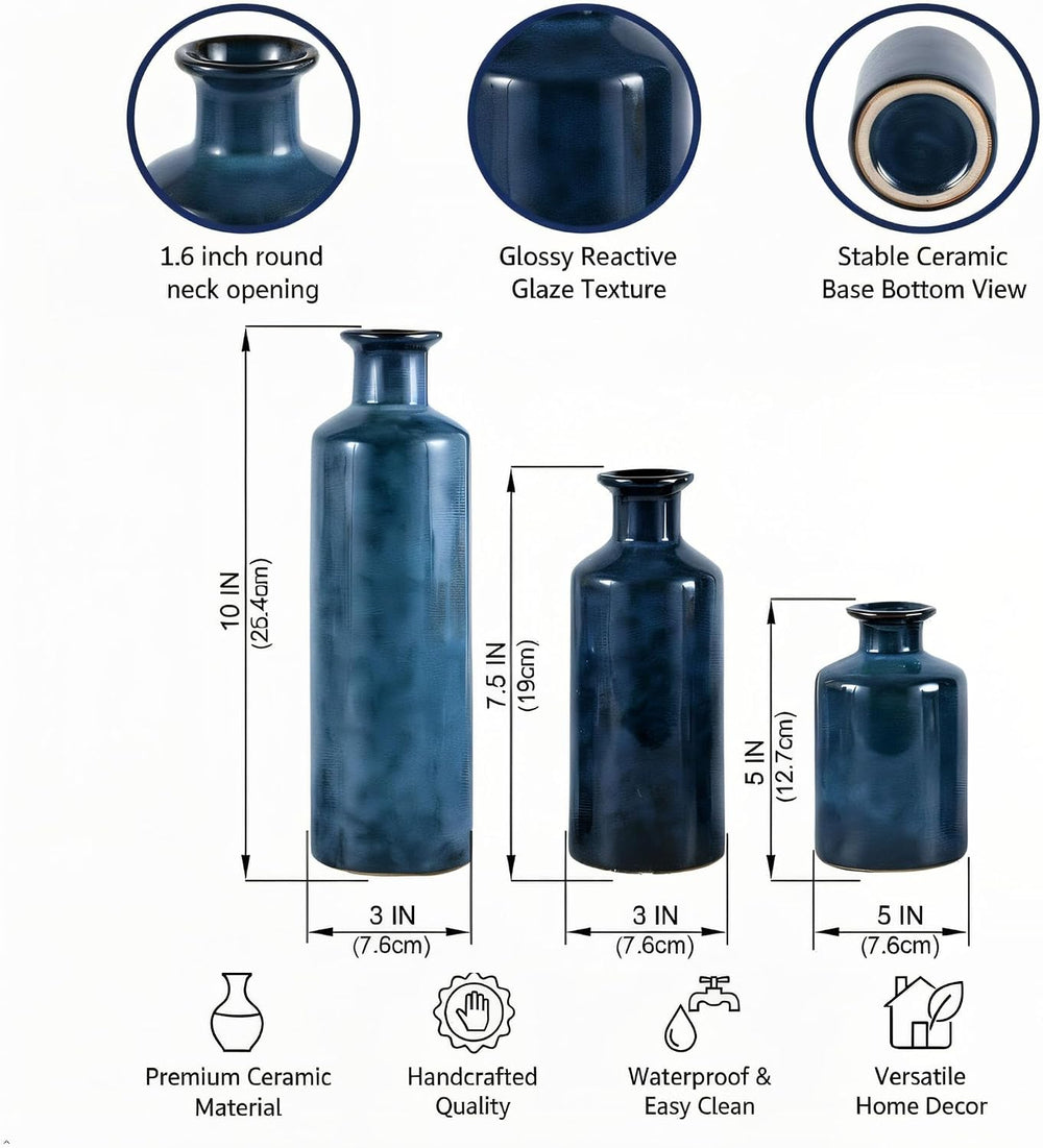 Mowtanco Blue Ceramic Vases Home Decor, 3 Small Modern Farmhouse Vases