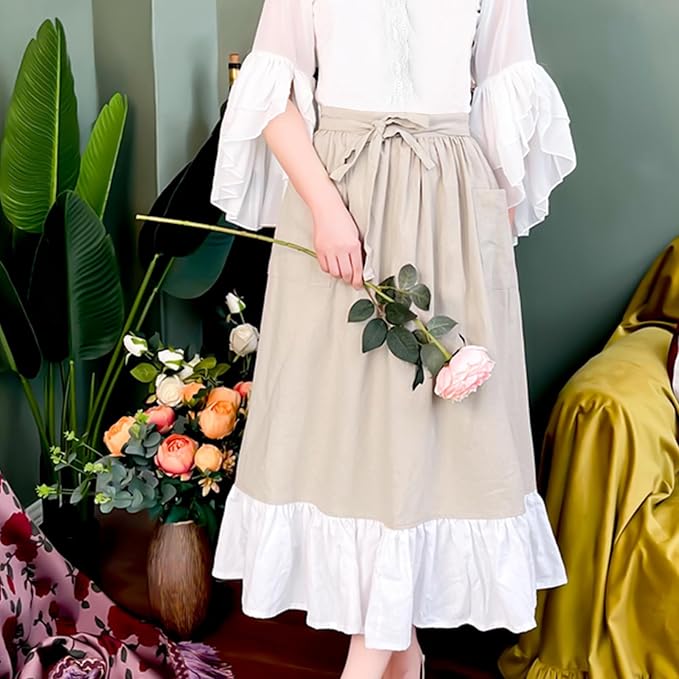 Cotton Linen Half Apron for Women Vintage Waist Apron Ruffle Plain Bright Color - Image 5