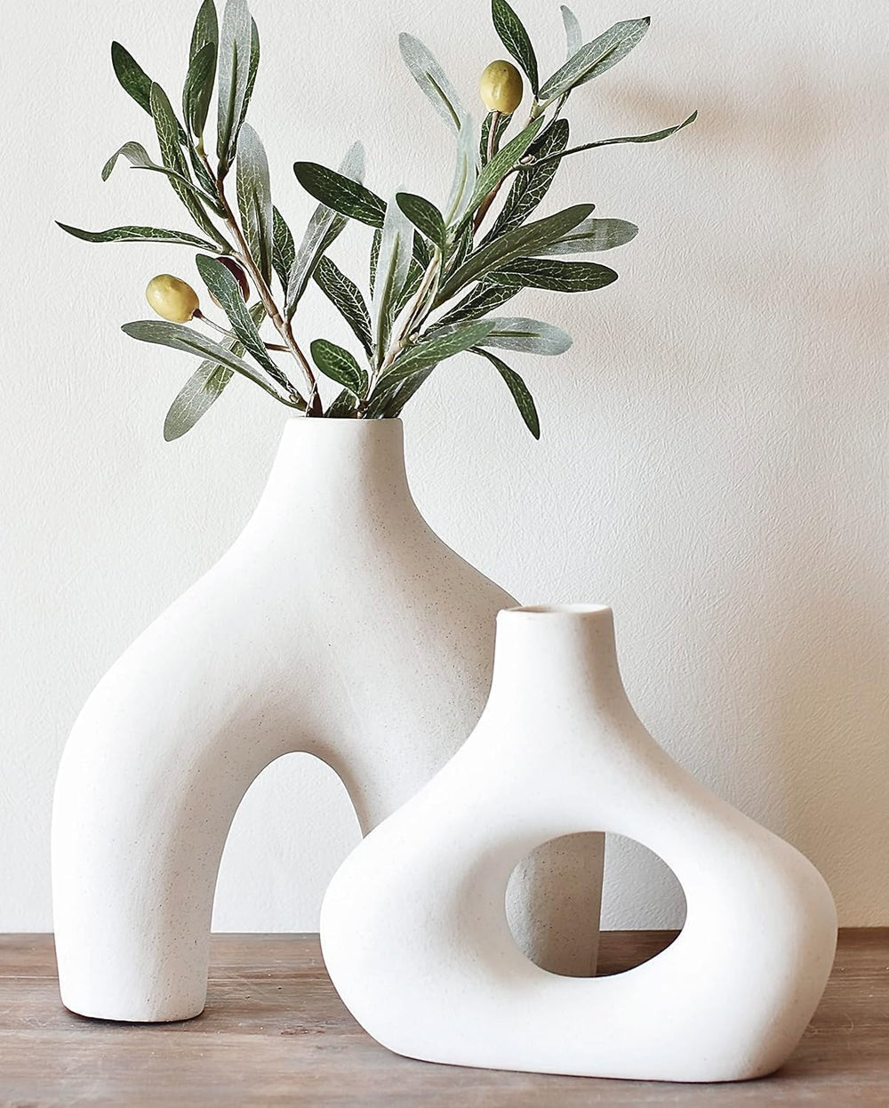 Carrot's Den Ceramic Modern Vase Set of 2, Donut Shelf Decor, Warm White