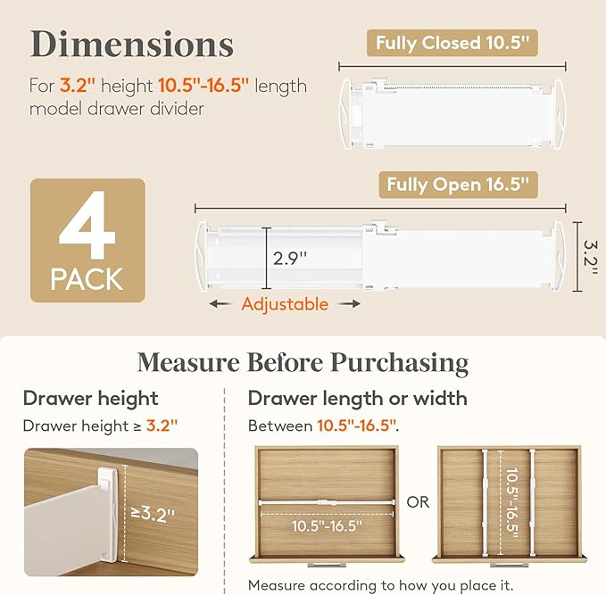 Lifewit Drawer Dividers for Clothes, 3.2" Tall 10.5"-16.5" Expandable Dresser - Image 2