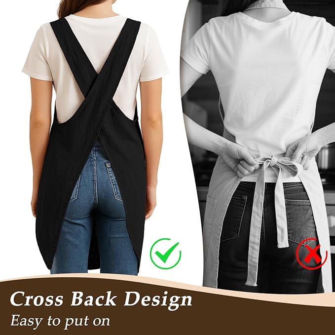 Apron for Women with Pocket Cotton Linen, Japanese Cross Back Apron for - Image 3