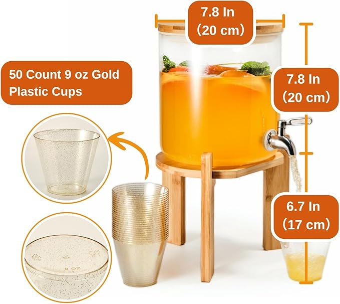Glass Beverage Dispenser with Bamboo Stand and Lid, Iced 1.5 Gallon Drink - Image 5