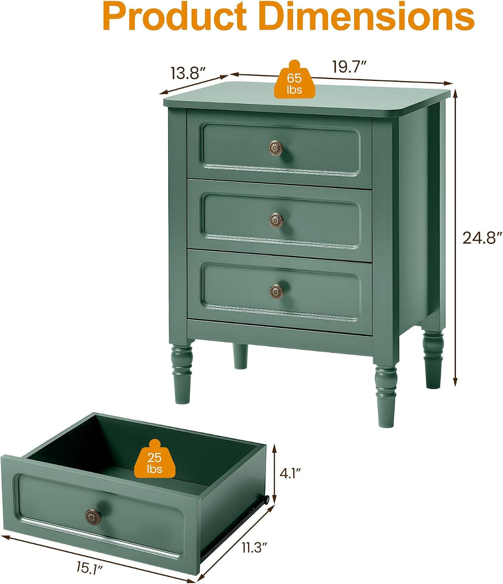 RoyalCraft Nightstand with 3 Drawers, Green Wood Night Stand for Bedroom
