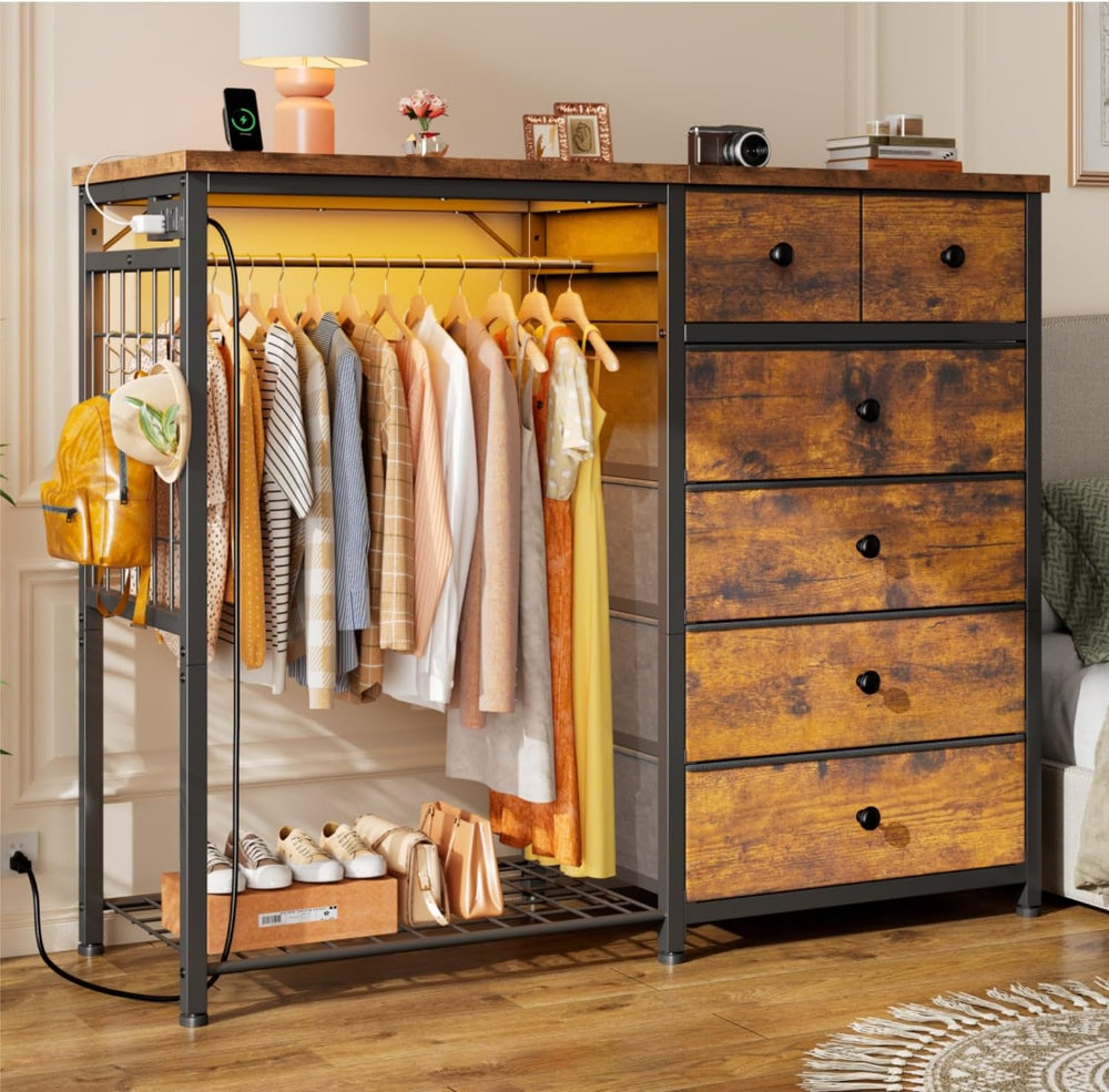 EnHomee 49.2" W Dresser with Hanging Rack & 6 Drawers, Grid Panel &a...