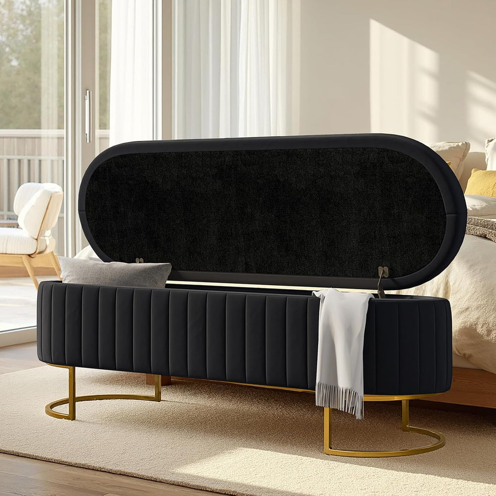 55.5" Velvet Upholstered Storage Bench with Channel Tufted Seat and Meta...