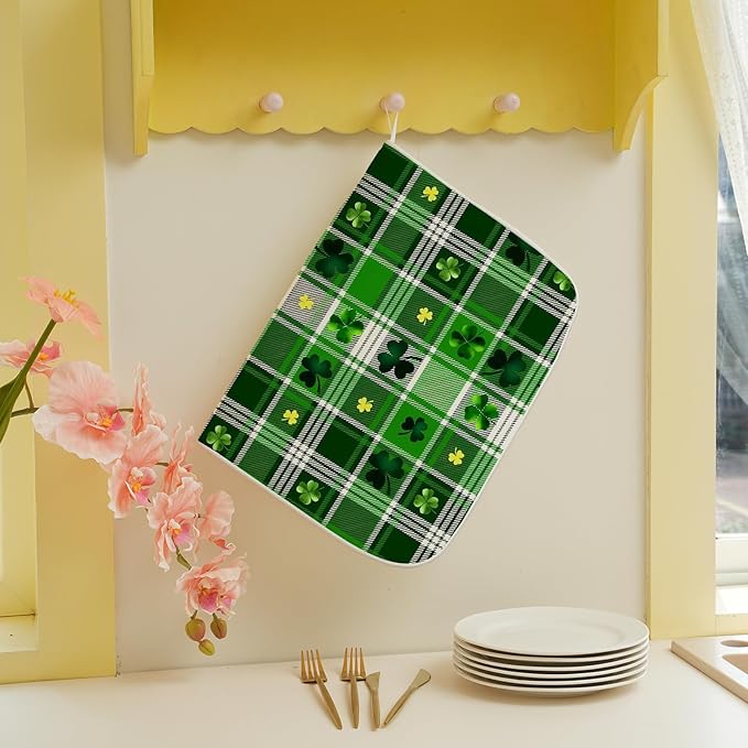 St. Patrick's Day Dish Drying Mat 18 x 24 Inch Green Buffalo Plaid Shamrock - Image 3