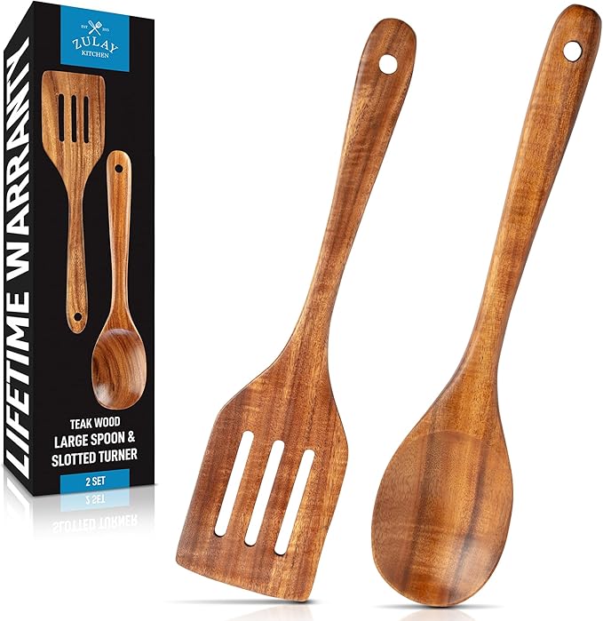 Zulay Kitchen Teak Wood Utensil Set – 2 Piece Large Wooden Cooking Spoon and by ZulayKitchen