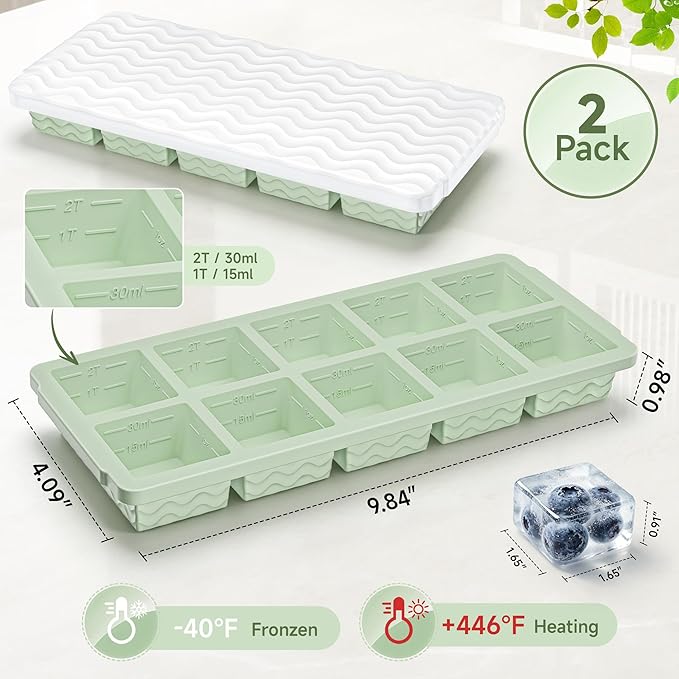 Aopigavi 2-Pack Ice Cube Trays, 10 Cubes 2 Tbsp. Silicone Freezer Molds - Image 2