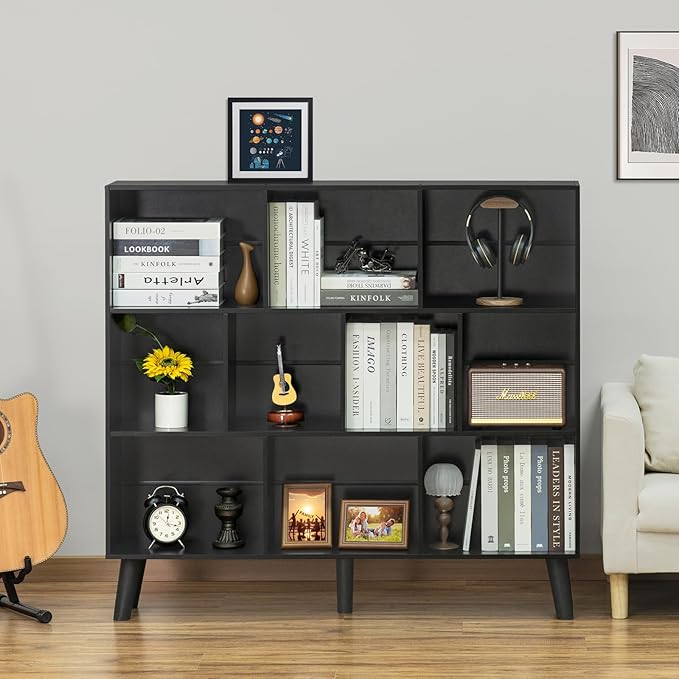 YAHARBO 10 Cube Bookshelf,3 Tier Bookcase with Legs,Black Mid-Century Modern ...