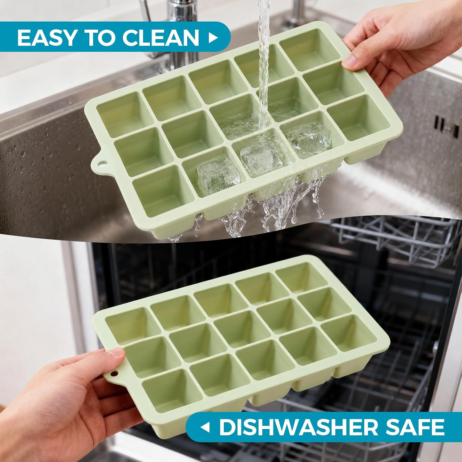 Silicone Ice Cube Trays with Lids(2Pack,Blue+Green) | 15-Cavity Ice Tray Set for Freezer, Easy-Release BPA-free Ice Cube Mold for Whiskey, Coffee, Cocktails and More