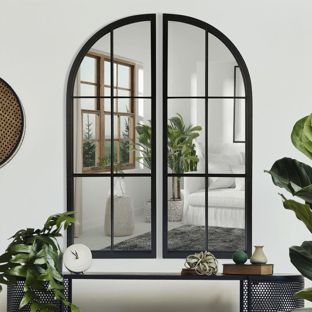 OUSHUAI Black Arched Mirror Set of 2,Window Pane Mirror for Wall Decor,Farmho...