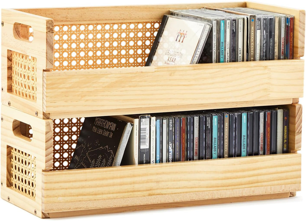 CroBlissful 2 Set Wooden CD Storage Box Holder Shelf with Carrying Handles, R...