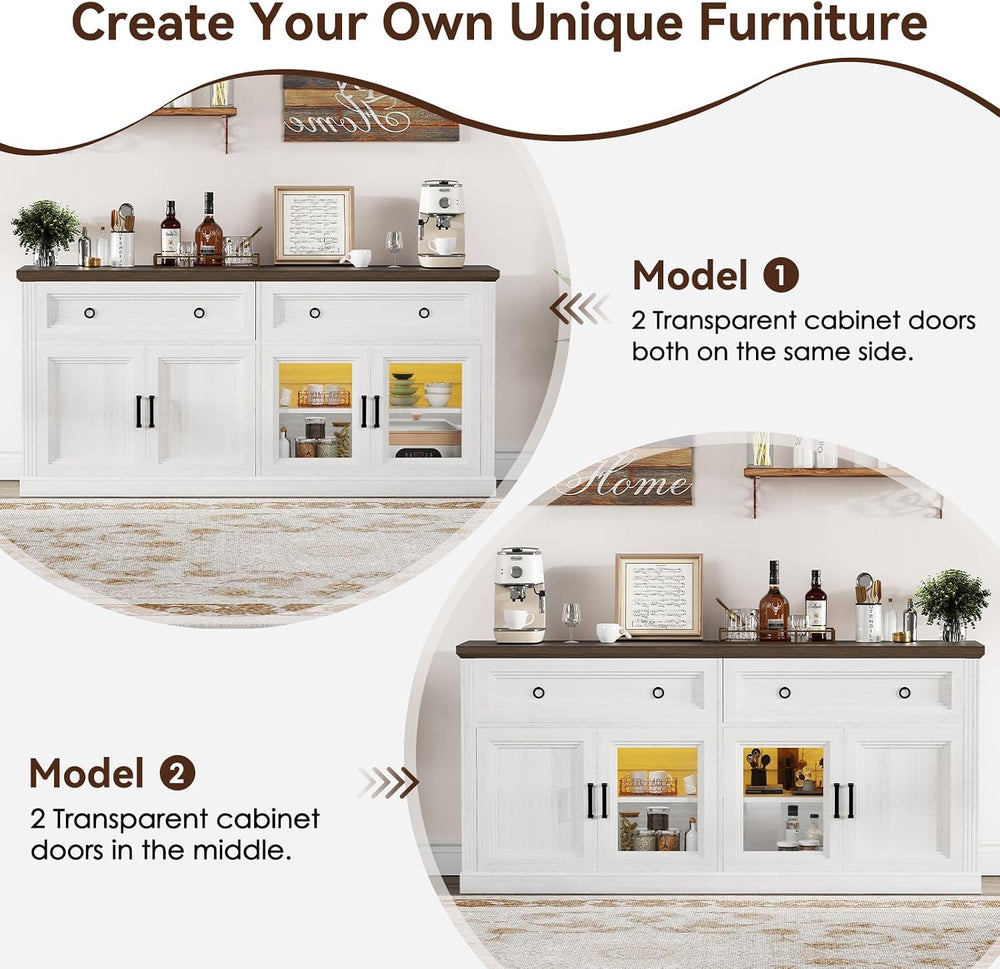 63'' Sideboard Buffet Cabinet with Power Outlet, Antique White