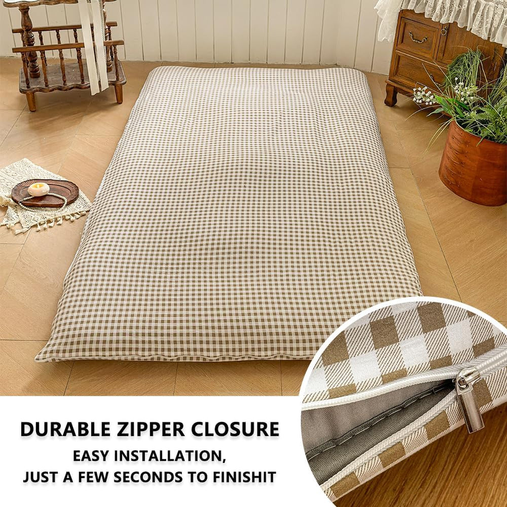 Tan Gingham Queen Japanese Floor Mattress Futon Cover for 3-4" Thick Pad