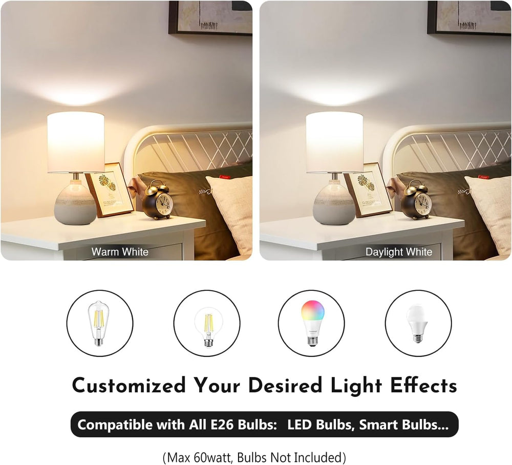 Set of 2 Ceramic Table Lamp for Bedroom, Small Table Lamp White Farmhouse Rus...