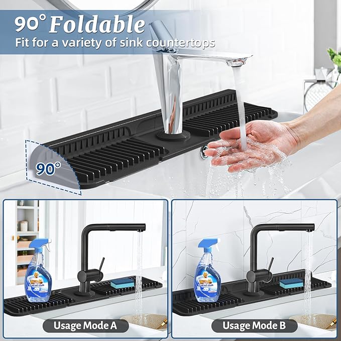 PoYang 24 inch Faucet Mat for Kitchen Sink Splash Guard, 7° Slope Silicone Sink - Image 2