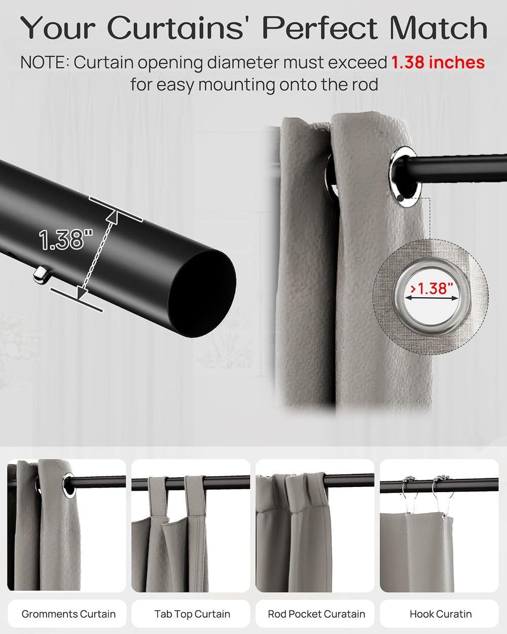Tension Curtain Rod by EZFurni, 42-123 in, Curtain Rods No Drilling