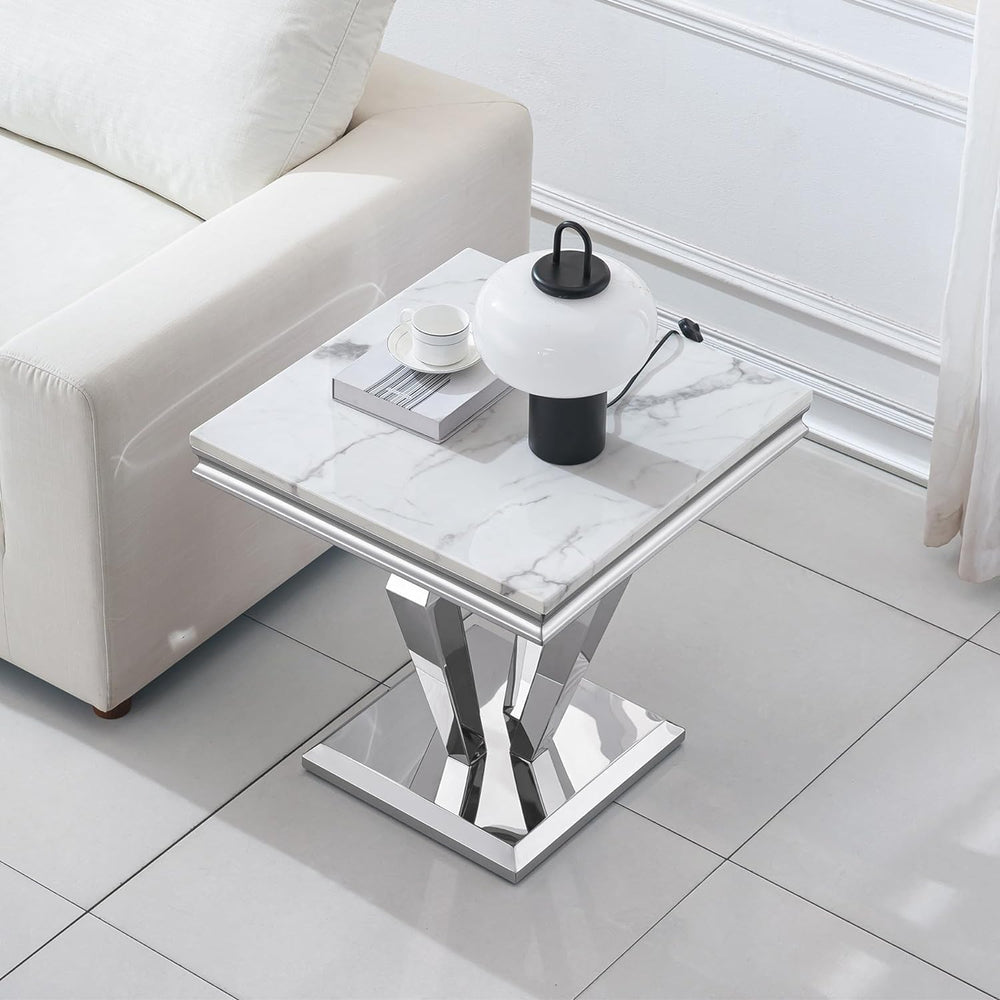 White Marble Coffee Table Set of 3, Luxury Marble Coffee Table and 2 Silver W...