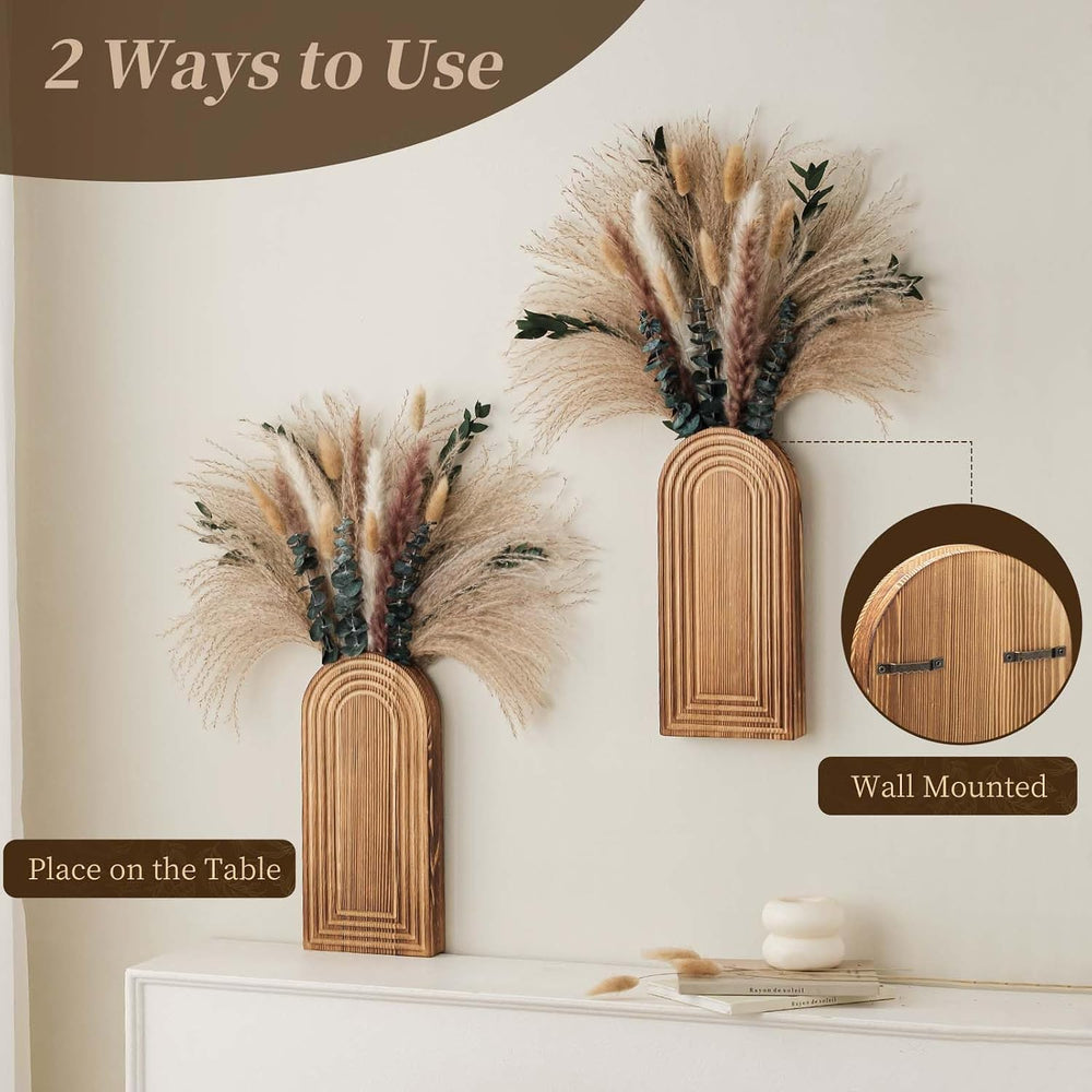 2 Pack Wooden Wall Vase Set with Pampas Grass Eucalyptus, Modern Farmhouse Bo...